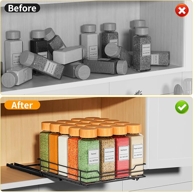 RCHYFEED Pull Out Spice Rack Organizer for Cabinet,Slide out Spice Organizer for Inside Cabinets,Heavy Duty Spice Organization for Kitchen and Pantry,Seasoning,Sauces(1-Tier,6.5" Wx10.5 Dx2.5 H)