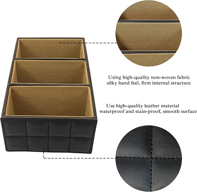 Fashionable PU Leather TV Remote Control Holder with 3 Compartments, Storage Rack, Storage Box, Media Accessory Storage, Desk Organizers (Black Grid)