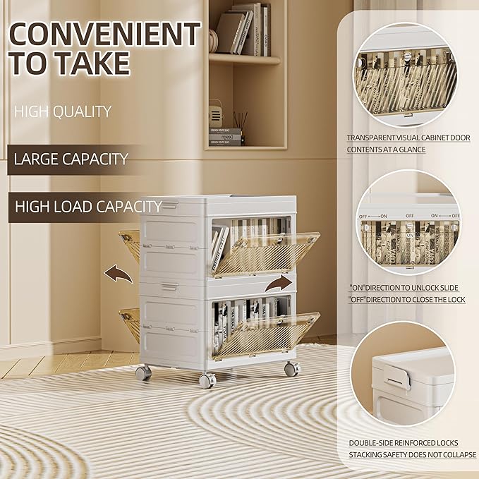 64 QT / 16 Gal Foldable Storage Cabinet with Clear Doors - 3-Point Locking System per Panel, Heavy Duty Casters, Collapsible Design for Warehouse/Office/Home Organization