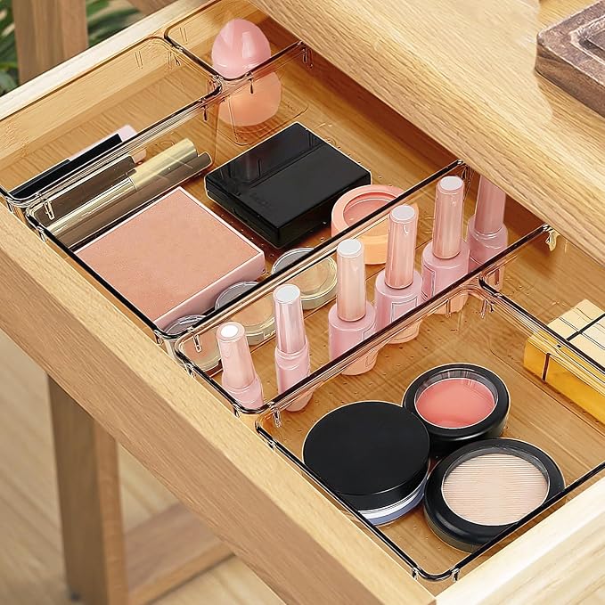 StorMiracle 10 PCS Drawer Organizer Set, 5 Varied Size Bathroom and kitchen Drawer cabinet organizer Trays, Clear Storage Bins for Makeup, Jewelry, Utensils and Gadgets, Champagne