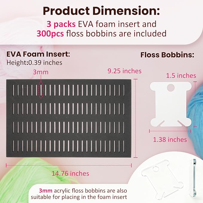 3 Packs DIY-Cut EVA Foam Insert with 300PCs Embroidery Floss Bobbins, Embroidery Floss Organizer for Bisley MultiDrawer Cabinet or 15*11-inch Multi-drawer Cabinet, Cross Stitch Storage, Set of Sewing