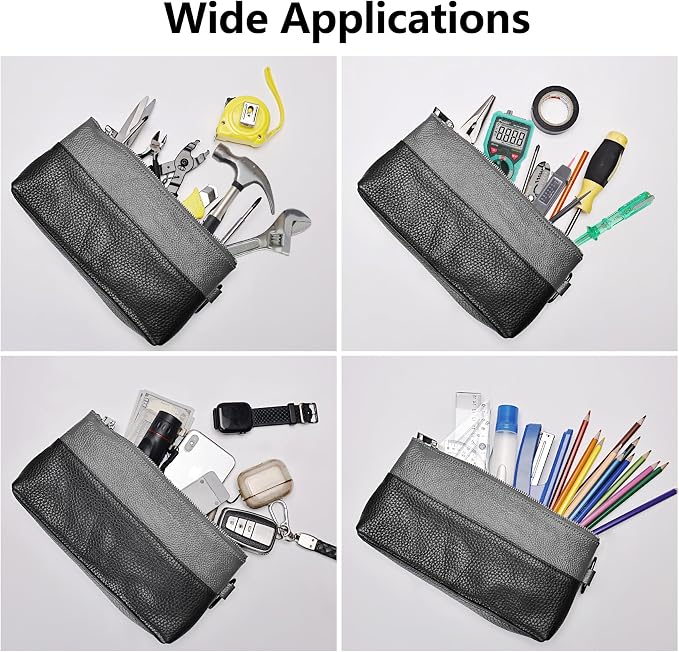 Leather Tool Bag Zipper Pouch, Premium Tool Pouch with Zipper, Utility Multipurpose Storage Organizer Tool Pouches with Carabiner Metal Zipper for Tools, Stationary, Pencil Pouch