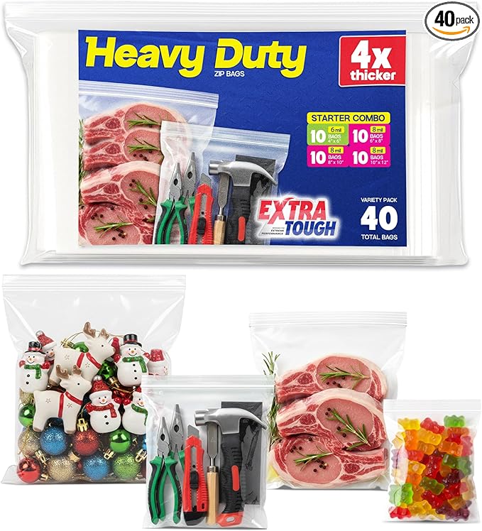 4 Sizes Heavy Duty Zip Seal Lock Snack Sandwich Gallon Storage Bag Variety Pack, Multisizes 6–8 Mil Thick Zipper Top, Freezer Bags, 40 Count