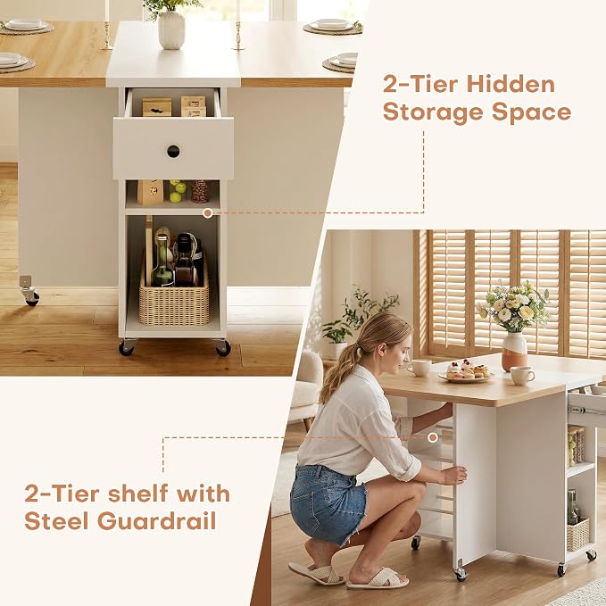 Jocoevol Folding Dining Table for Small Spaces, Foldable Kitchen Table with Drawer, 2-Tier Storage Shelf & Wheels, Space Saving Dining Table for 2 4, Farmhouse, Natural