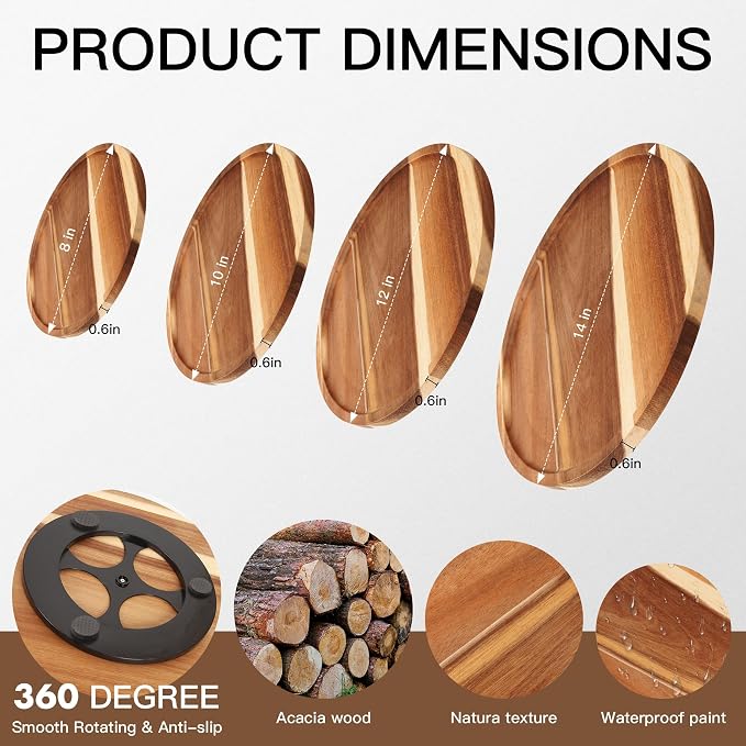 13in Acacia Wood Lazy Susan Turntable Organizer | Round Rotating Spice Rack Storage for Kitchen Tabletop Countertop, Cabinet & Pantry