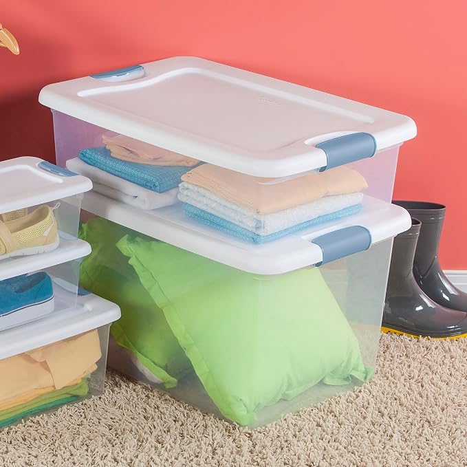 Sterilite 24-Pack Latching Box, Clear Plastic Under Bed Storage Bins with Lids, 32 Quart - Large Stackable Tote Organizer Containers for Closet, Bedroom, Bathroom, and Office Organization