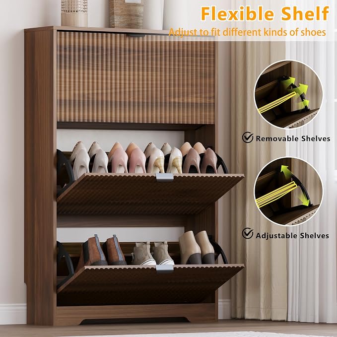 BORNOON Entryway Shoe Cabinet with 3 Flip Drawers, Narrow Shoe Organizer Cabinet with Fluted Panel and Adjustable Shelves for Foyer, Hallway