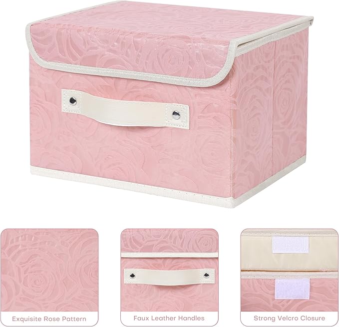 ANMINY 2PCS Fabric Storage Bin with Lid Rose Print Box Basket with PU Leather Handles Washable PP Plastic Board Decorative Foldable Lidded Shelf Cubes Closet Organizer Container - Pink, Small Size