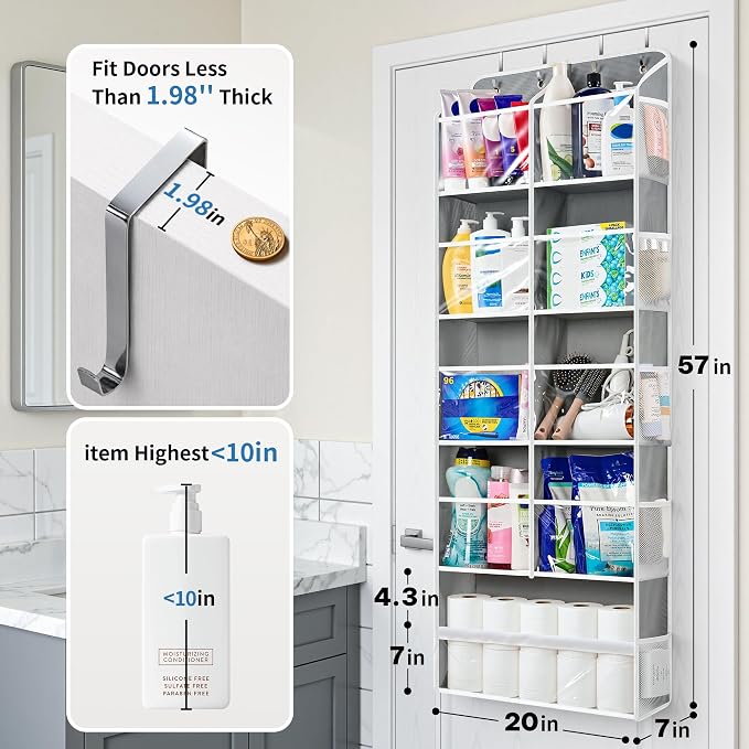 JARLINK Over the Door Organizer Storage, 5-Tier Extra Large Hanging Storage with 10 Mesh Pockets, 100 lbs Capacity Behind Door Storage for Bedroom, Bathroom, Pantry, Nursery, (Grey)
