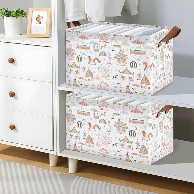 Ferris Wheel Theme Park Baby Storage Basket with Labels&Handles Rectangular Waterproof Nursery Storage Bins Collapsible Shelf Organizer Baskets for Kids Books Cloth Gift Toys Laundry, 2 Pack