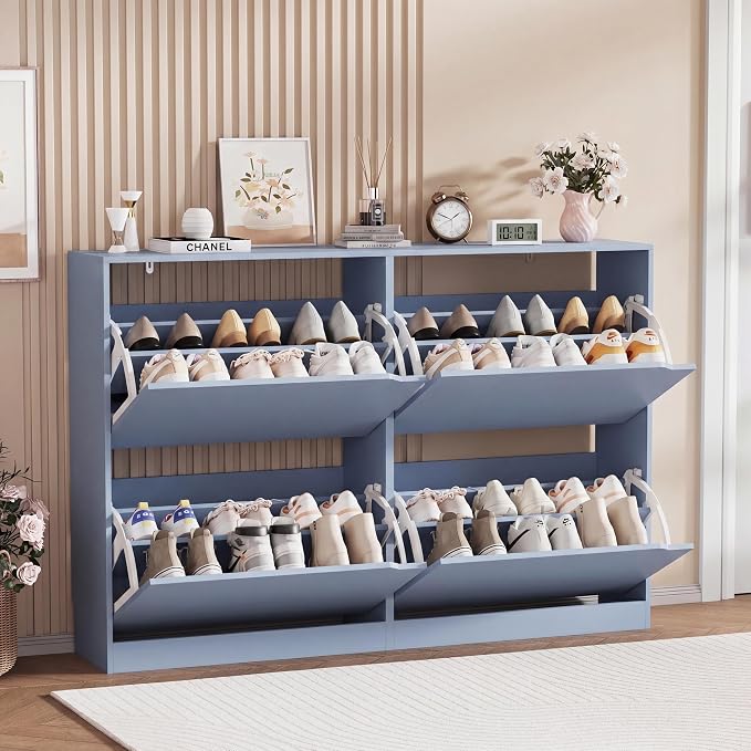Shoe Storage Cabinet, Wood Shoe Organizer for Entryway with 3 Flip Drawers, Freestanding Shoe Rack with Adjustable Shelf, Narrow Shoe Dresser for Front Door Entrance (Blue, Standard 4 Drawers)