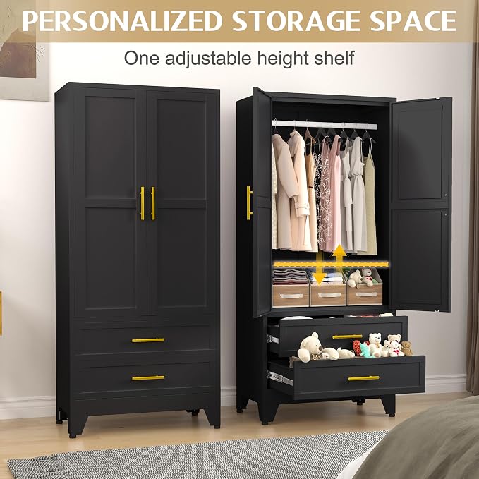 GAIOUS Metal Wardrobe Cabinet with 2 Drawers, 71" Clothing Storage Cabinets | with 2 Doors, 1 Adjustable Shelf, Steel Armoire Wardrobe Closet with Hanging Rod for Bedroom, Gym, Cloak Room (Black)