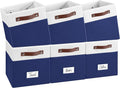 FinishingBo 10.5" x 11" Storage Bins with Labels 6 Pack | PU Leather Handles, Foldable Storage Cubes, Storage Baskets, Closet Storage, White/Blue