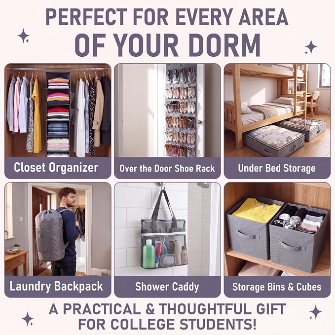 Briwooody 11 Pcs College Dorm Storage Set, Dorm Organizer Kit with Closet Organizer, Over Door Shoe Rack, Under Bed Storage Bags, Laundry Backpack, Shower Caddy, Collapsible Bins(Gray)