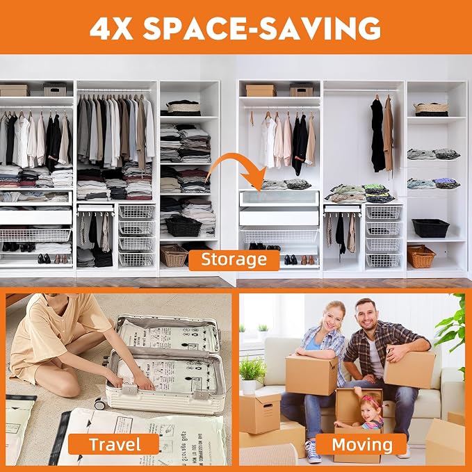 Vacuum Storage Bags For Clothes with Pump(6S+6M+2L+2J)16 Pack | Vacuum Travel Bags with Pump for Luggage,Space Saver Bags For Travel and Home Organization