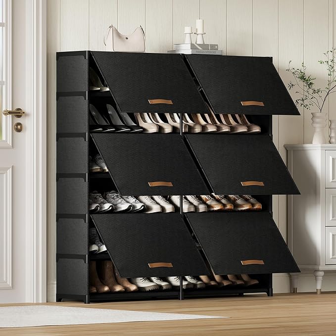 2 by 7 Tier Shoe Cabinet, 42-Pair Storage for Closet, Black | Removable layer fits tall boots. Split into 2 units for different spots. Door keeps shoes clean.