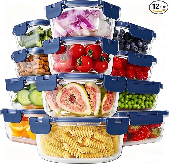 HOMBERKING 24pc Glass Food Storage Containers with Lids, Glass Meal Prep Containers, Airtight Bento Boxes, BPA Free & Leak Proof, Pantry Kitchen Storage(12 lids & 12 Containers) - Deep Blue