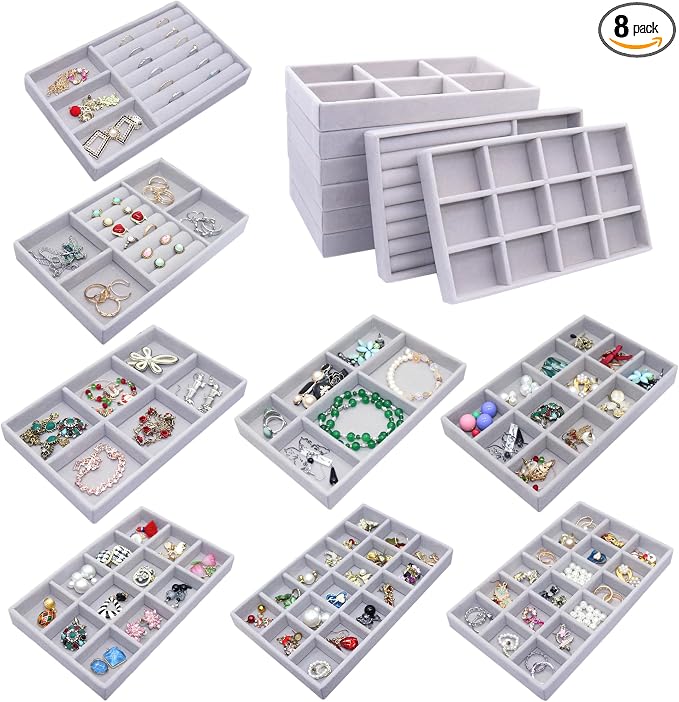 Earring Organizer 8 Stackable Jewelry Tray Drawer Removable Jewellry Storage Display Plate for Earring Rings Necklace Bracelet Watch with Removable Dividers