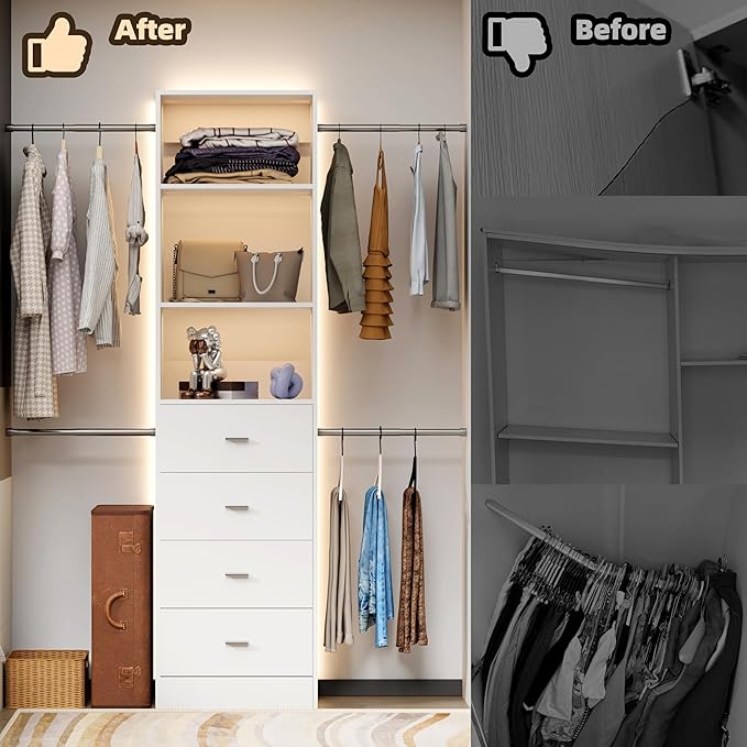 Closet System, 3Ft-5Ft Closet Organizer System With 4 Wooden Drawers, Walk-In Closet Storage System With 4 Expandable Hanging Rods, Adjustable Cloth Garment Rack from 3 to 5FT, White
