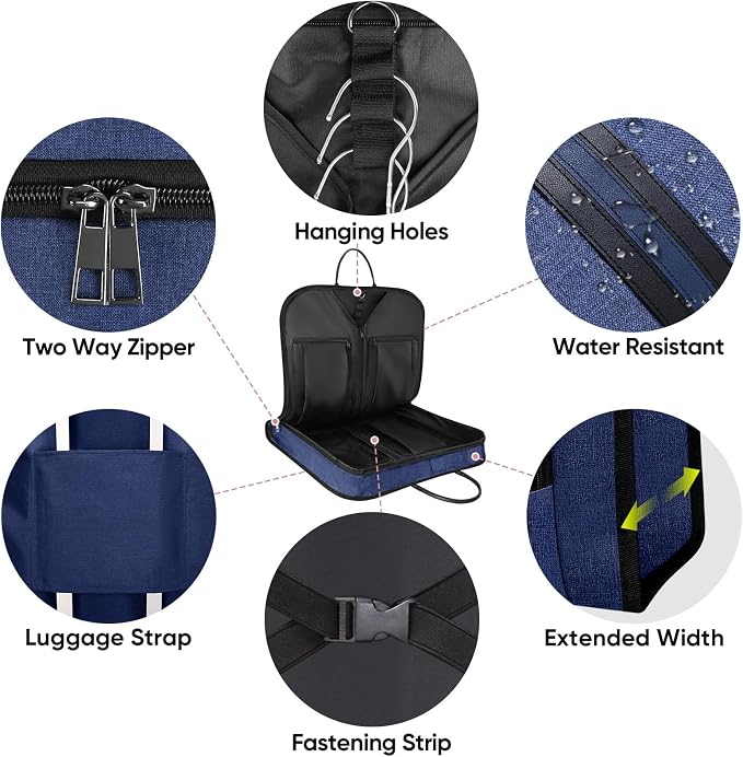 BALEINE Travel Garment Bag, Travel Suit Bag for Men, Water Resistant Carry on Garment Bag for Hanging Clothes, Garment Duffel Bag for Travel Business (Blue, 48")