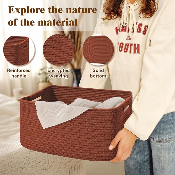 4 Pack Large Storage Basket for Organizing, 17.5"x13"x7" Woven Basket for Shelves, Closet Cube Storage Bins with Wrapped Handle, Cotton Rope Baskets for Kitchen, Clothes, Toys(Oxide Red)