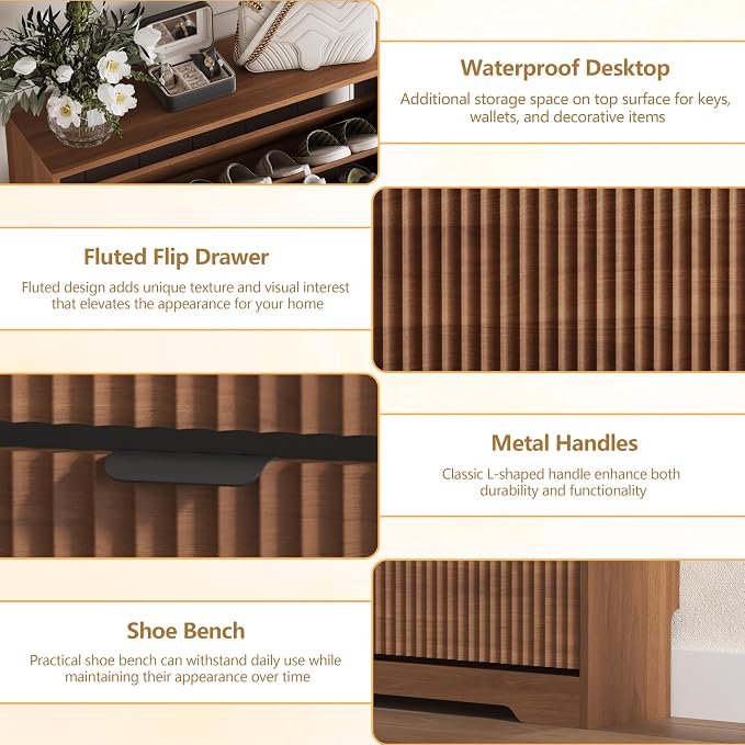 Shoe Cabinet Storage for Entryway with 6 Flip Drawers, Walnut Fluted Shoe Cabinet with Adjustable Shelves, Wooden Hidden Shoe Rack Freestanding Narrow Slim Shoes Storage for Hallway, Entrance