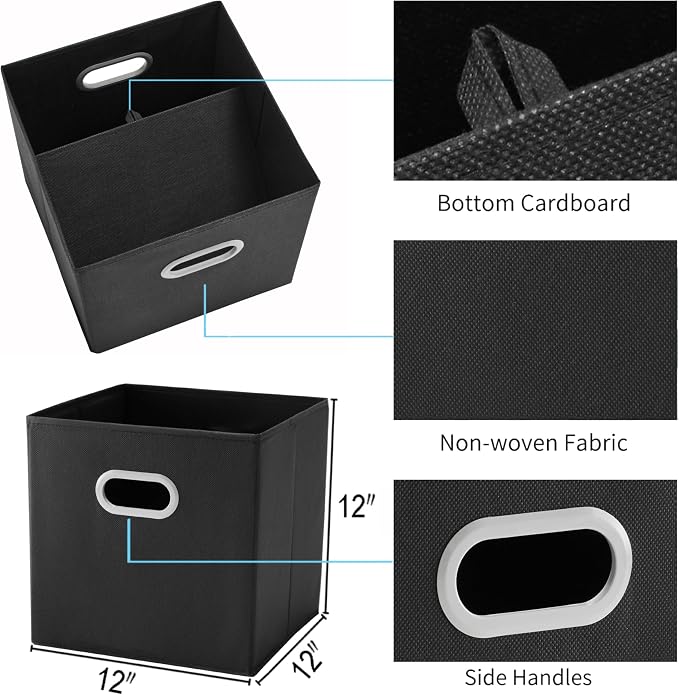 MAX Houser Fabric Storage Bins Cubes Baskets Containers with Dual Plastic Handles for Home Closet Bedroom Drawers Organizers (Black)