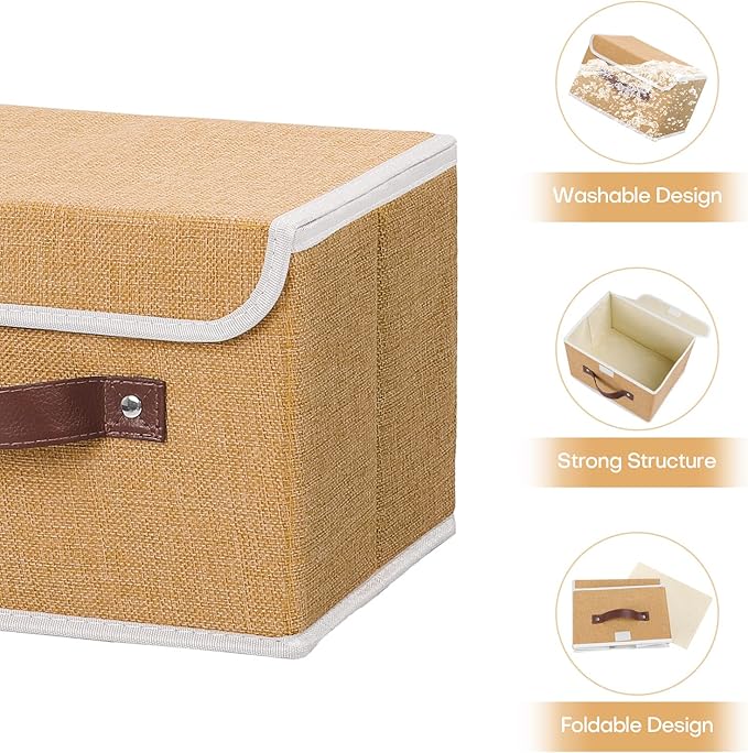 ANMINY 4PCS Storage Bins with Lid PU Leather Handles Storage Boxes PP Plastic Board Decorative Foldable Lidded Cotton Linen Fabric Home Cubes Baskets Closet Organizer Containers - Khaki, Small Size