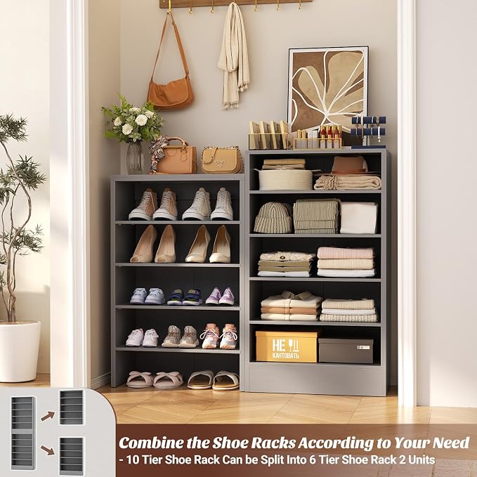 Aheaplus Tall Shoe Cabinet, 10 Tiers Narrow Wood Shoe Rack, Shoe Storage Organizer with Open Storage, Vertical Shoe Shelf Tower for 20-22 Pairs, Space Saving, for Closet, Entryway, Bedroom, Grey