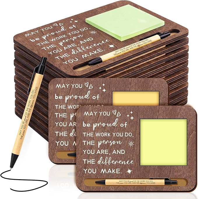 Kosiz 10 Set Back to School Teacher Gifts Bulk May You Be Proud Brown Wooden Sticky Note Holder with Notes and Ballpoint Pens Thank You Appreciation Gift for Teacher Team Employee Office Supplies
