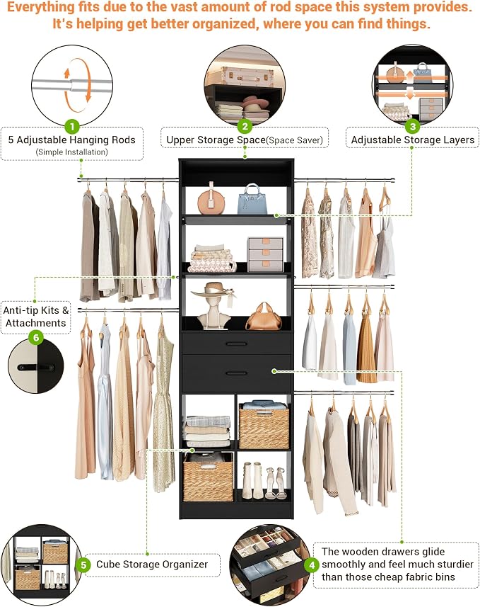 Besiost Small Closet System, 3.2-6.8FT Small Closet Organizer with 2 Wooden Drawers & 5 Hanging Rods, Can Fit 37.5 to 81.9 inch Walk-in Closet System, Built-in, Black, Enclosed Storage Volume 2.32 ft³