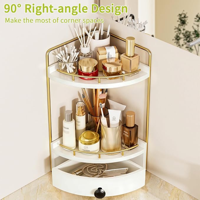 2-Tier Corner Bathroom Counter Organizer with Drawer, White Gold | Embedded Screw Holes, Wooden Countertop Organizers, Space-Saving, Bottom Ventilation Design, Counter Shelf for Vanity