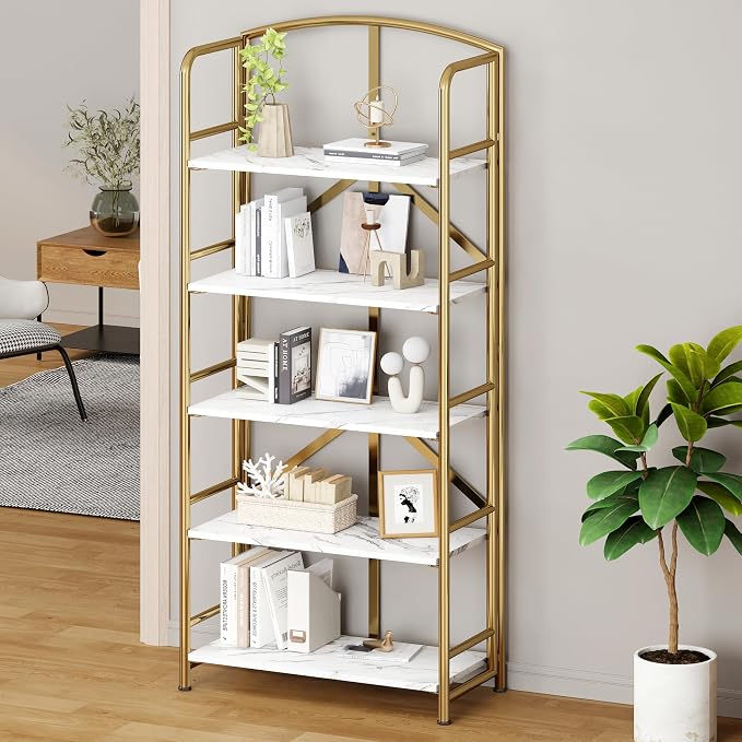 No Assembly,Gold Folding Bookshelf 5 Tiers, Vintage Storage Rack,Brown&Gold | Bookcase Vintage Multifunctional Plant Flower Stand, Storage Shelves Organizer for Home Office,Living Room,Dorm