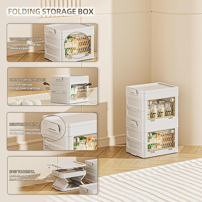 12 QT / 3 Gal Foldable Storage Cabinet with Clear Double Doors Organizer, Transparent Front & Back, Pull to Setup, Rolling Storage Bin for Closet/Living Room
