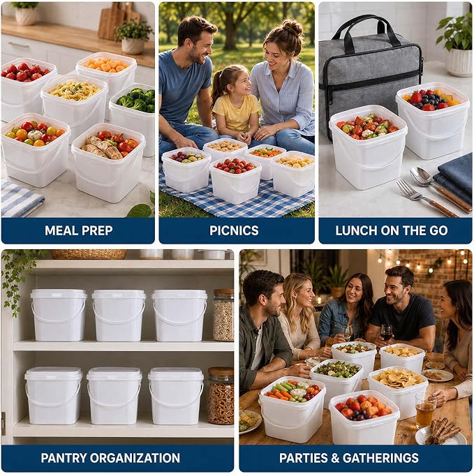 24 Pack Ice Cream Containers, Plastic Buckets with Lids 68 oz, White | 2 Qt Square Food Storage Containers, Handles, Freezer Safe, Leakproof, Reusable