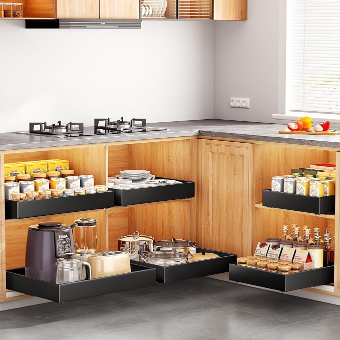 2Pack Pull out Cabinet Organizer, 21"Deep, Heavy Duty Full-extension Slide out Drawers for Kitchen Cabinet, Roll out Shelf Storage with Nano Adhesive for Pots,12"W x 21"D x 3.1"H, Black