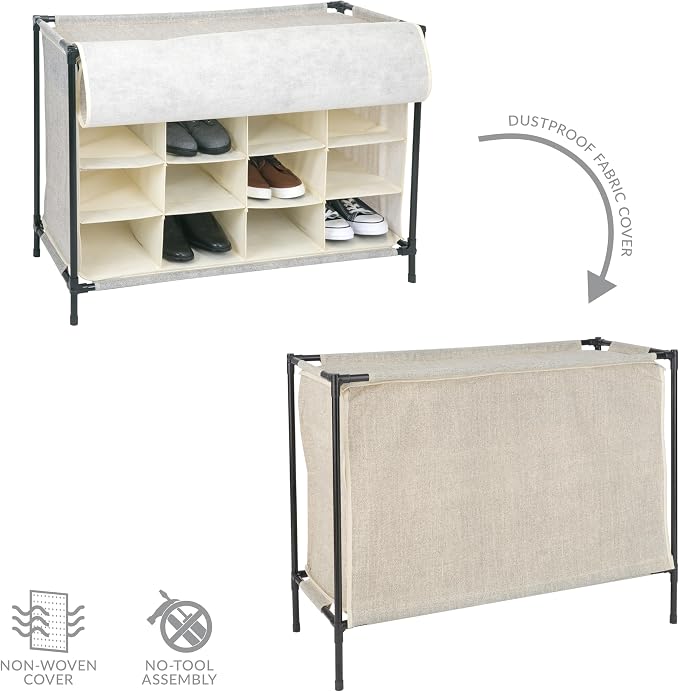Simplify 16 Pair Shoe Rack with Cover | Stackable | Storage & Organization | Closet | Bedroom | Entryway | Beige