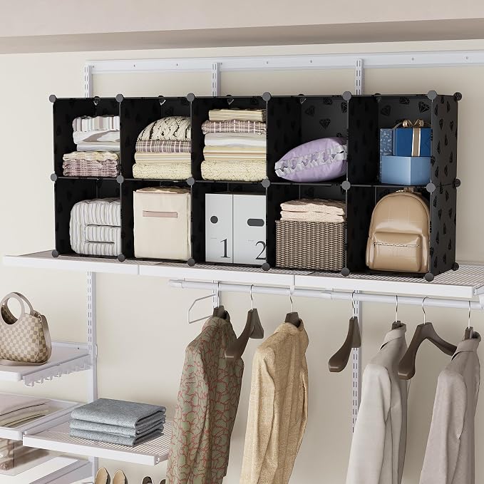 UNKU Cube Storage Organizer, 6 Cube Closet Organizer Storage Shelves, DIY Stackable Bookcase, Clothes Organizer Shelf for Closet, Bedroom, Living Room, Cabinet, Home, Office, Black