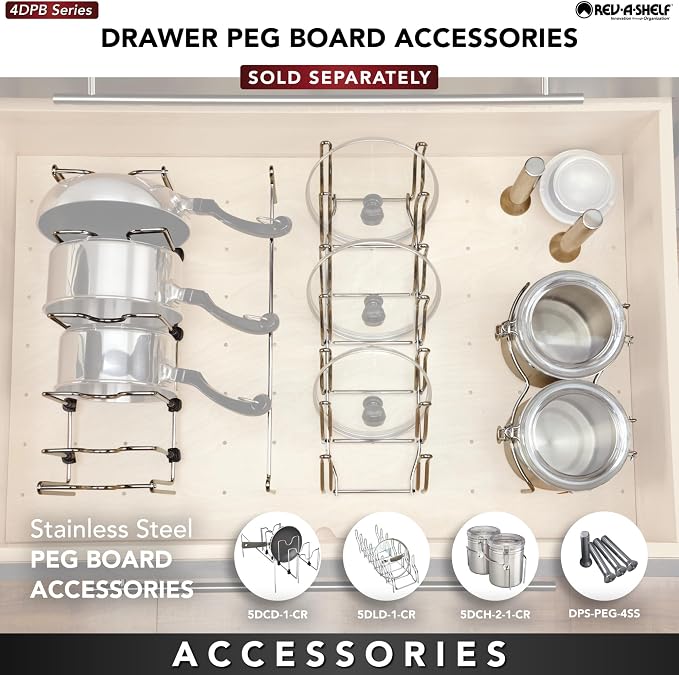 Rev-A-Shelf Trimmable Pegboard Drawer Divider Organizer, Trim to Custom Fit Wooden Kitchen Cabinet Storage Utensil, Pots & Dish Rack, 24" x 21", 4DPS-2421