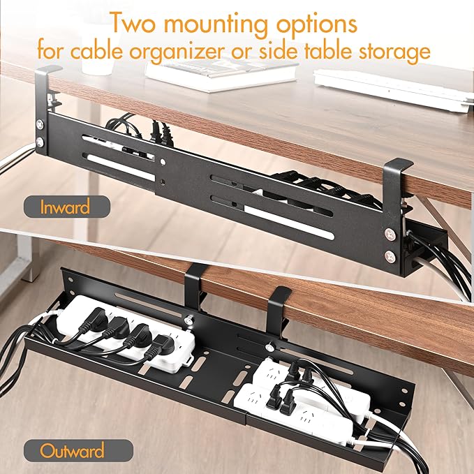 No Drill Under Desk Cable Management Tray, 17"-30" Retractable Long Cable Tray with Clamp Mount, Metal Cord Organizer, Support 50 lbs+, Wire Management Basket for Home Office, Black