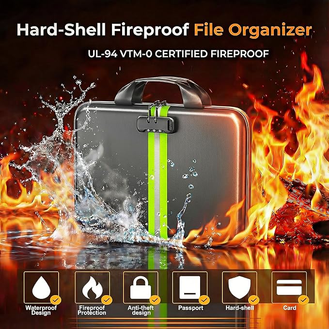 Fireproof Document Organizer with Lock, Rigid EVA File Box with 13-Pocket Accordion Folder for Important Documents & Tablets under 11", Lightweight Safe Storage for Home, Office & Travel (Small Size)