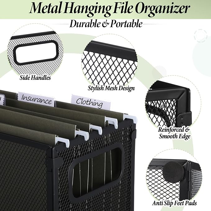 2 Pack Hanging File Holder, 10 Hanging Folders, Metal Mesh, Letter Size Folder Storage, Desktop Storage Cabinets, Office School Document(Green,Small)