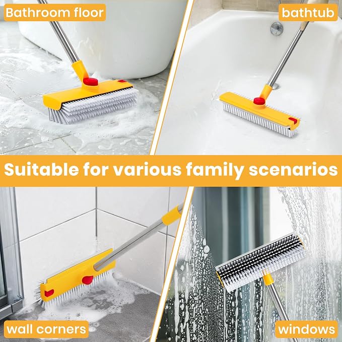 REEWII 64in Floor Scrub Brush with Long Handle,3 in 1 Hard Bristle Cleaning Brush with Scraper and Tweezers for Household Cleaning, Bathroom, Swimming Pool, Garage, Windows, Walls, and Terrace Decks