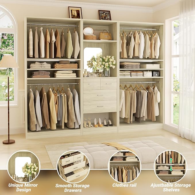 Unikito 98” Closet System with Mirror & 4 Drawers, 8.2FT Heavy Duty Wood Closet Organizer with 4 Hanging Rods, Large Walk-in Wardrobe Garment Rack with Adjustable Shelves, White Oak
