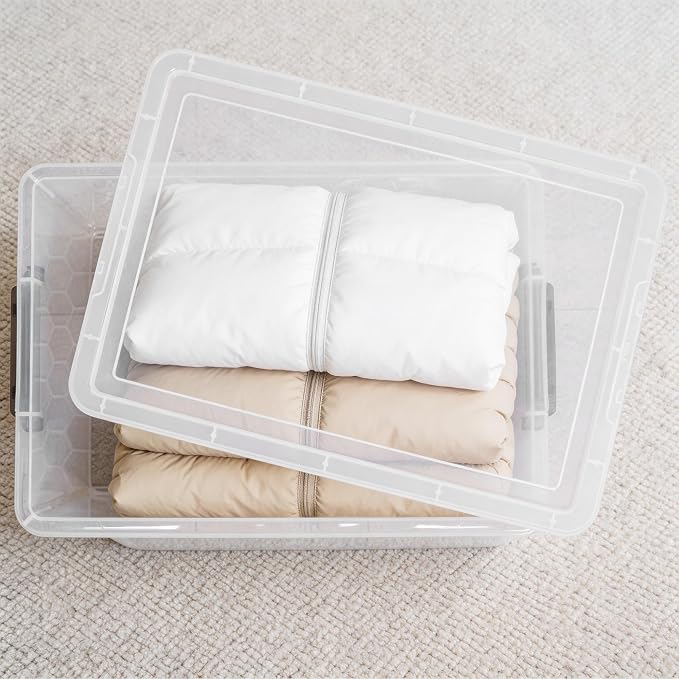 Citylife 48 Qt Ultra-Thick (3.82mm) Clear Plastic Storage Bins with Lids, 6-Pack Stackable Straight-Wall Closet Organizers with Honeycomb Base & Pinch-Free Latches for Garage, Clothes & Holiday Decor