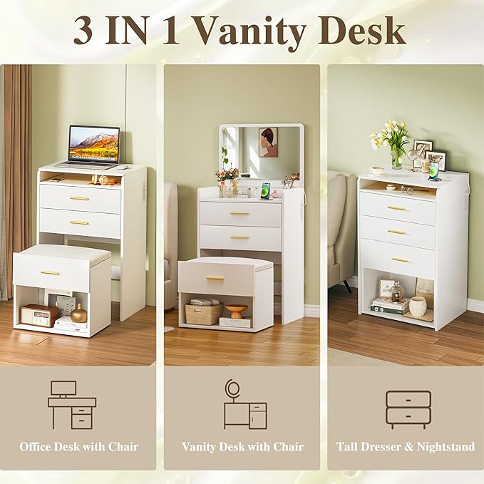 HUAHUU 3 in 1 Vanity Desk with Flip-up Mirror, Compact Vanity with 2 Fabric Drawers & Storage Cushioned Chair, Charging Station, Girls Small Vanity Nightstand for Bedroom, White