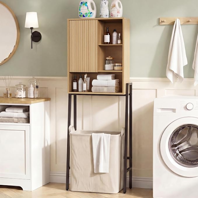24" W Over The Toilet Storage Cabinet with Fluted Door,Bathroom Organizers and Storage with Adjustable Shelves, Modern Over Toilet Organizer for Bathroom,Restroom,Laundry,Oak