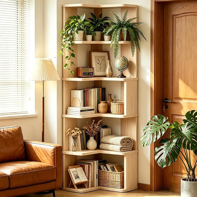 Tall Corner Bookshelf, 6 Tier Corner Book Shelf Etagere Bookcase with Baffle, Freestanding L Shaped Display Shelf Stand for Home Office, Living Room, Bedroom, Brown