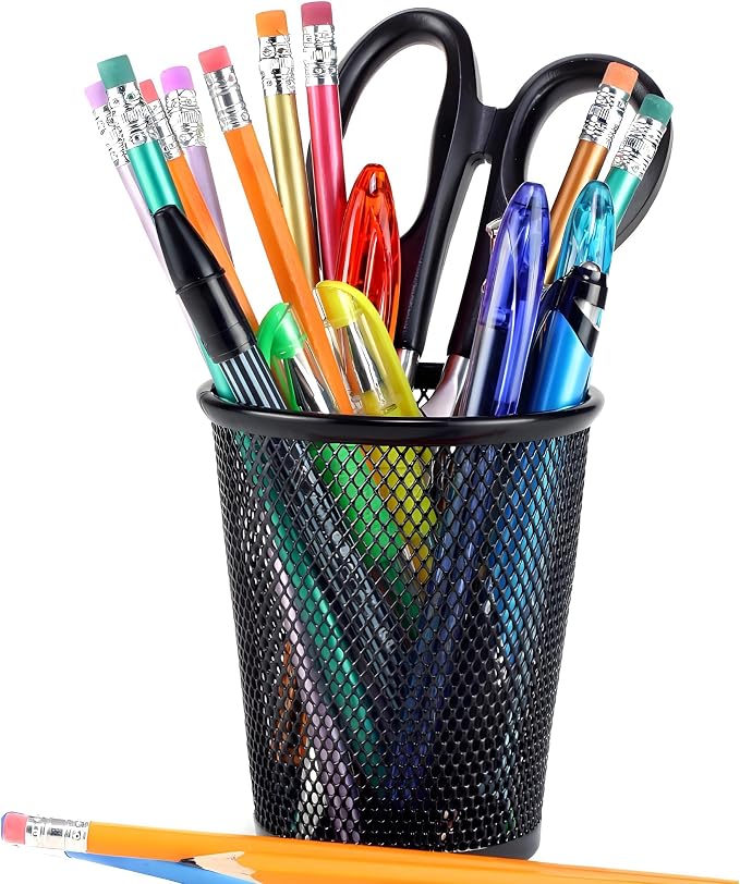 AIMI Pencil Case 5pcs Large Capacity Container Metal Mesh Pen Cup Office School Home Desk Pen Storage Organizer Can Makeup Holder Round Black