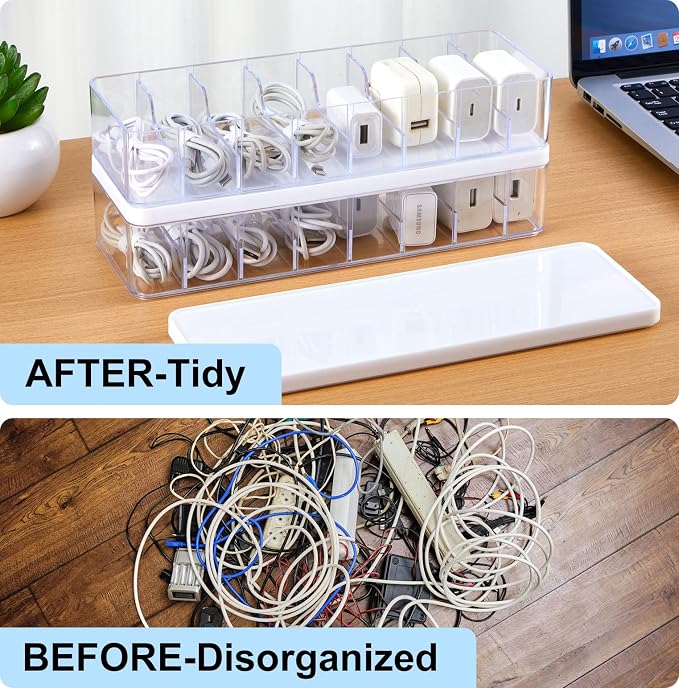 Tatuo 6 Pcs Cord Organizer for Drawer Desktop, Cable Organizer Box with 8 Compartments and Wire Ties, Plastic Charger Storage with Lid, Electronics Case for Home Office Accessories (Small,Clear,White)